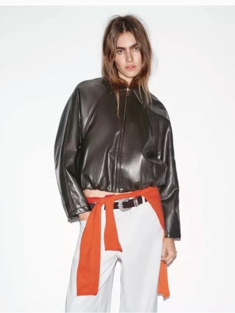 Zara Women's Dark Brown Faux Leather Zip Collared Bomber Jacket S 6318/253